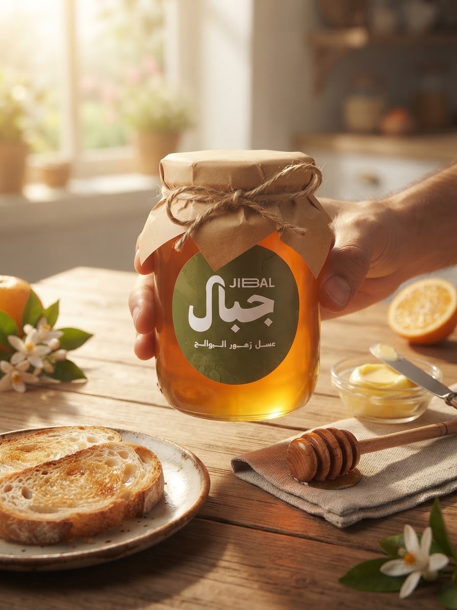 يد تضع برطمان عسل زهور الموالح من جِبال على طاولة إفطار بجوار خبز محمّص وزهر البرتقال وشرائح برتقال