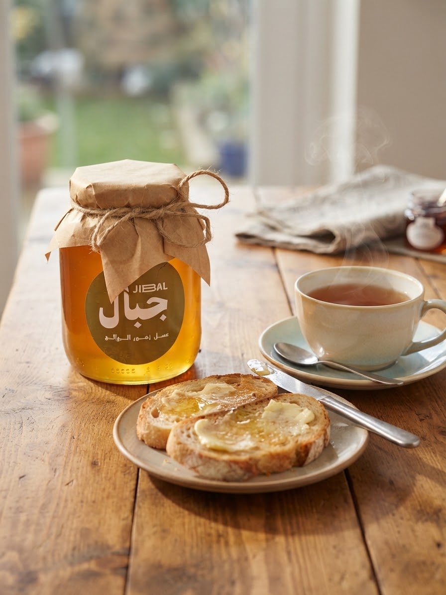 برطمان عسل زهور الموالح من جِبال على طاولة خشبية مع خبز بالزبدة وفنجان شاي