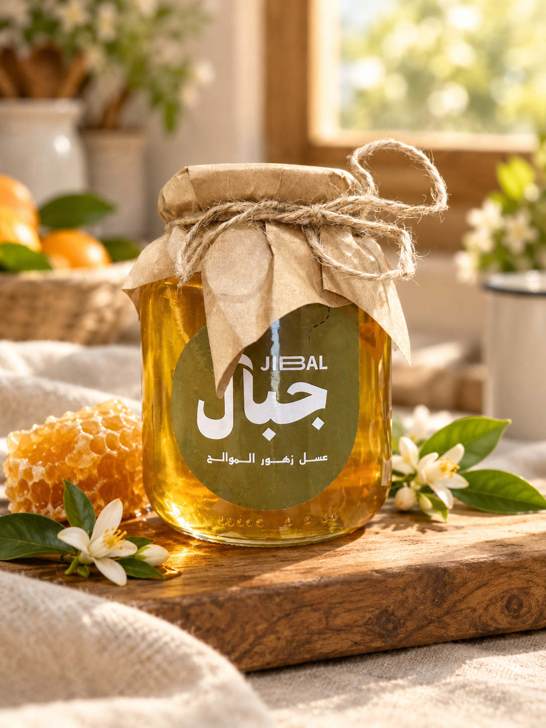 برطمان عسل زهور الموالح من جِبال بجوار قطعة شمع عسل وزهور بيضاء وسلة برتقال