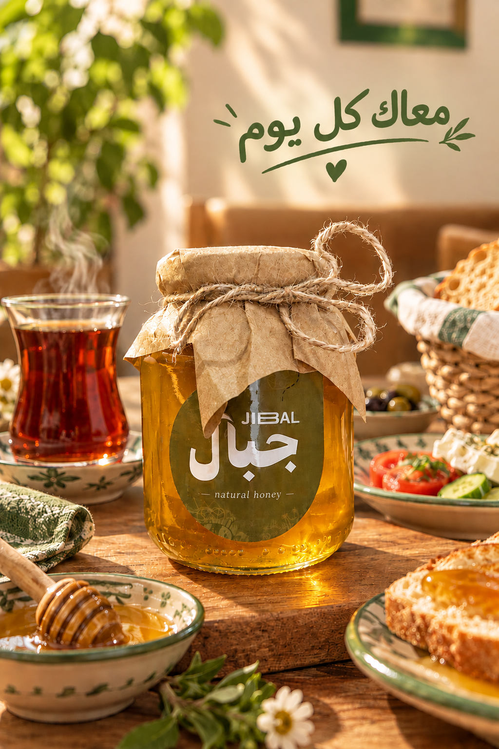 برطمان عسل جِبال على مائدة إفطار مع كوب شاي ووعاء عسل، وعبارة «معاك كل يوم»