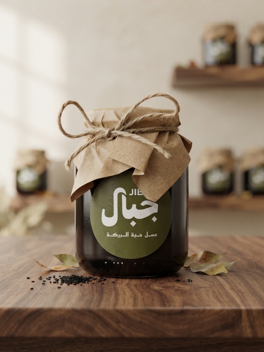 Jar of JIBAL black seed honey on a wooden table beside scattered black seeds