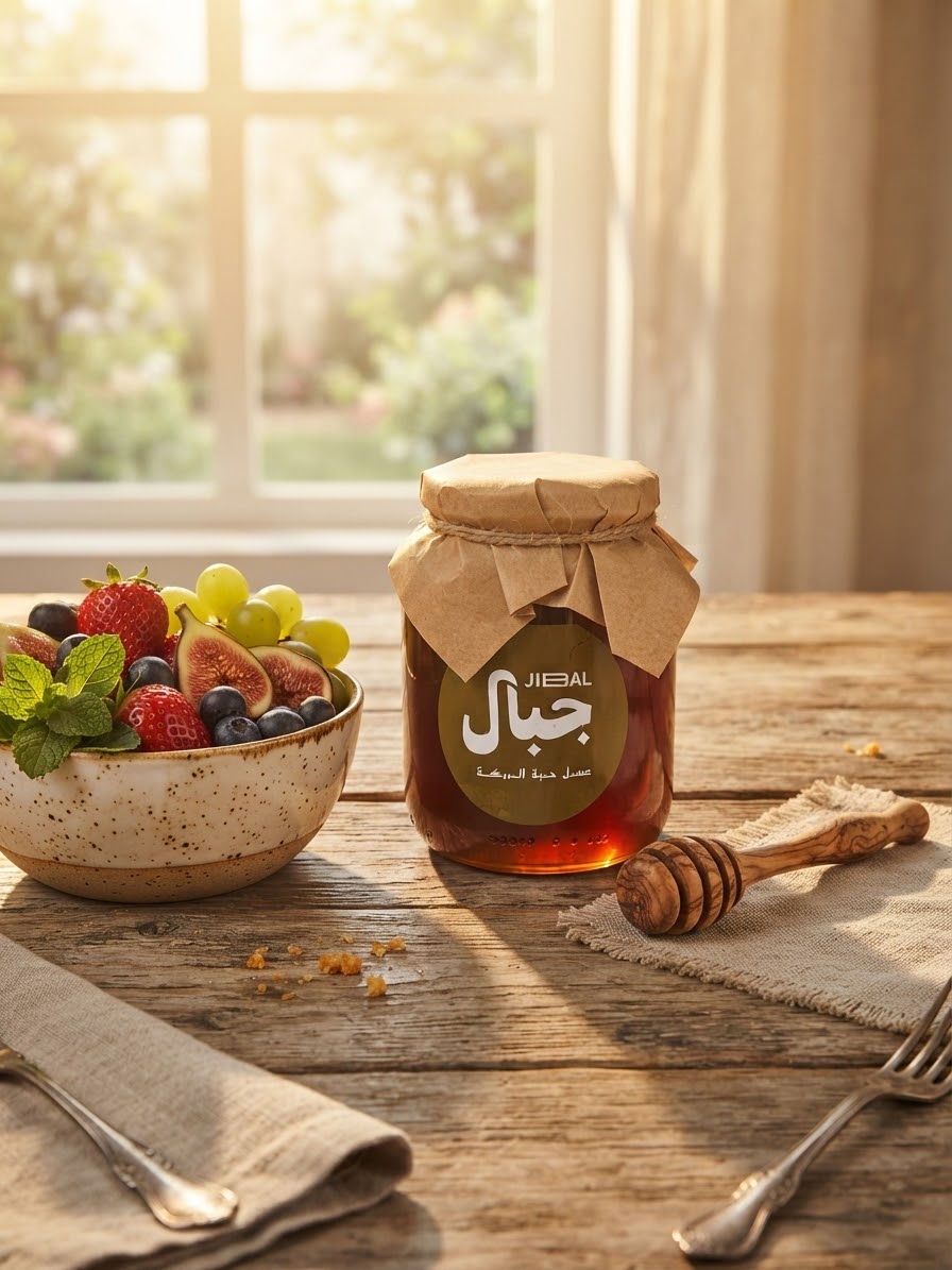 Jar of JIBAL black seed honey on a wooden table beside a bowl of fruit and a wooden honey dipper