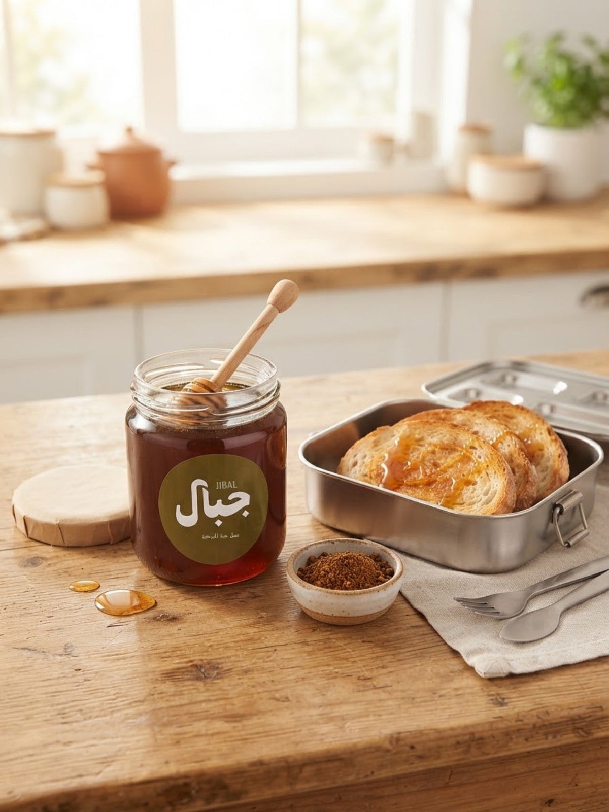 Open jar of black seed honey with a wooden dipper, beside a tin of toast and a small bowl