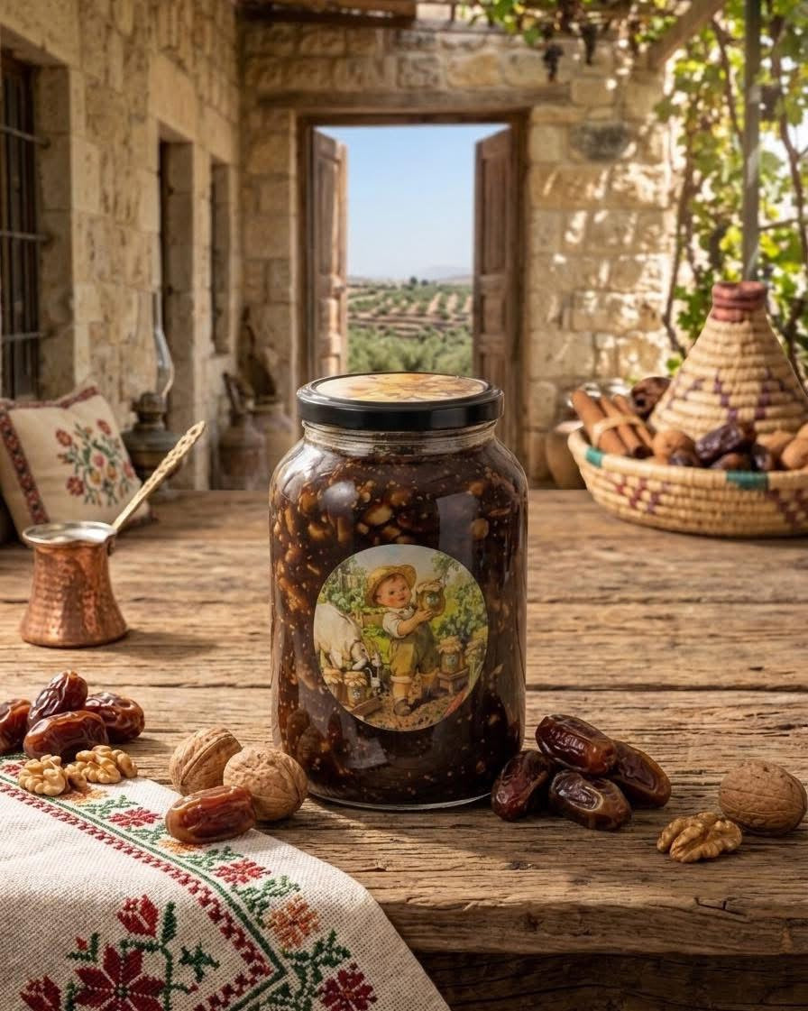 برطمان مختوم فلسطيني من جِبال على طاولة خشبية بجوار تمر وجوز في فناء حجري