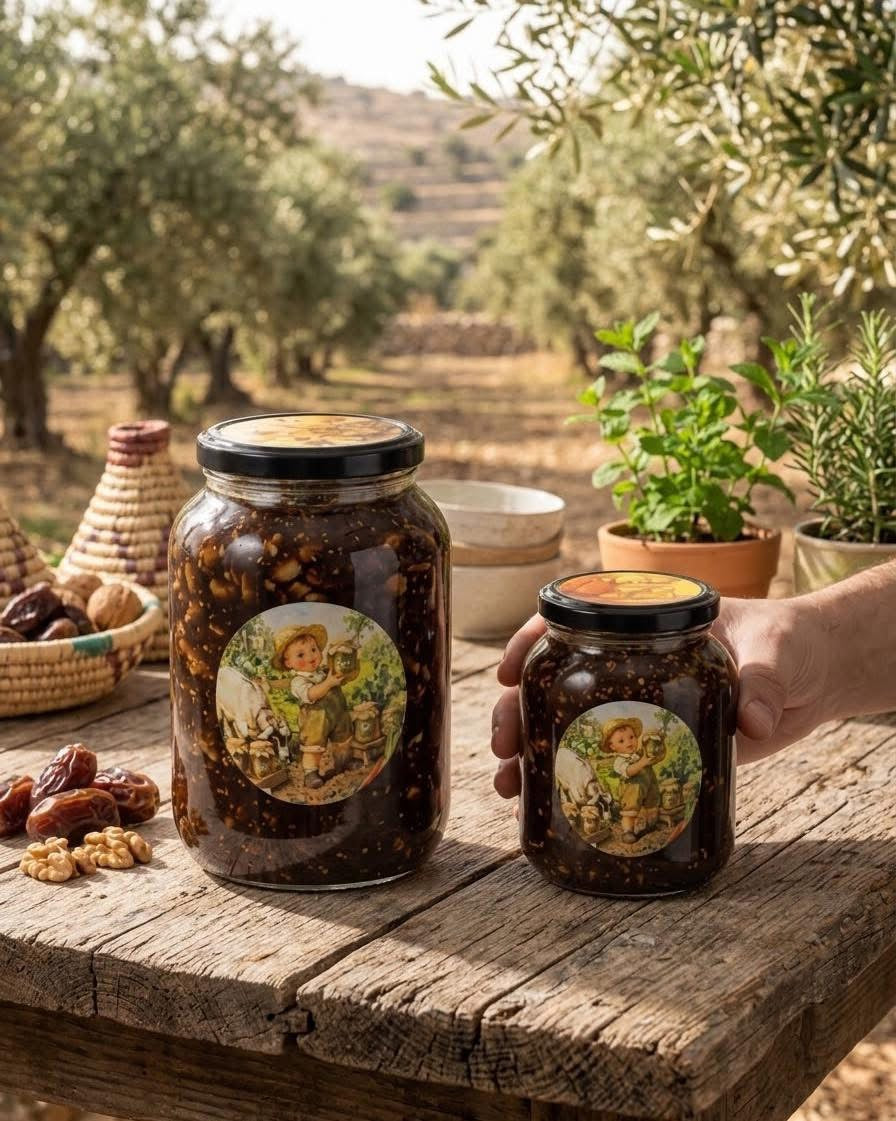 برطمانان من المختوم الفلسطيني من جِبال على طاولة خشبية في بستان زيتون