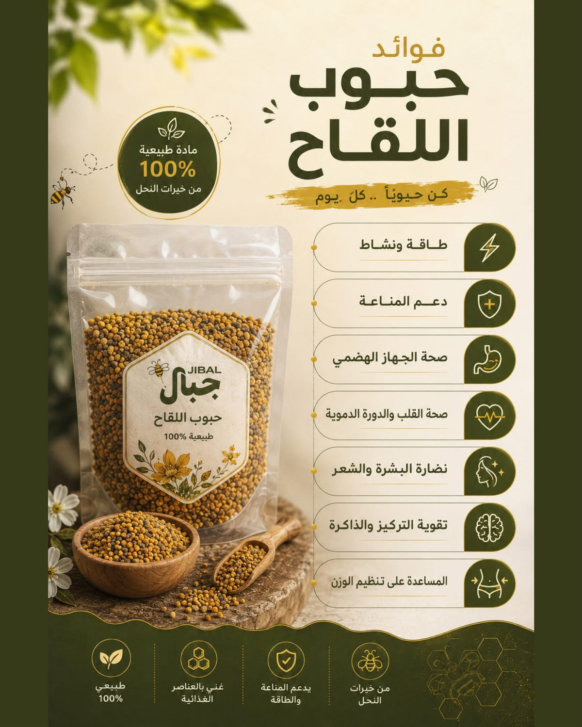 كيس حبوب اللقاح من جِبال ووعاء خشبي به حبوب لقاح، ضمن تصميم إعلاني بعنوان «فوائد حبوب اللقاح»