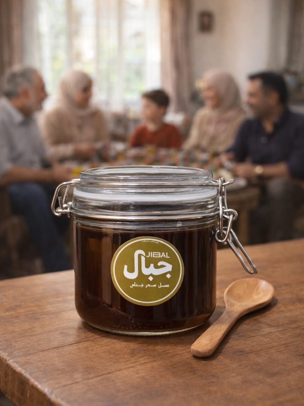 برطمان عسل سدر من جِبال على طاولة خشبية وخلفه عائلة مجتمعة