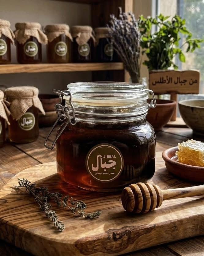 برطمان عسل سدر مصري من جِبال بغطاء زجاجي محكم على لوح خشبي بجوار ملعقة عسل، وخلفه رفوف برطمانات