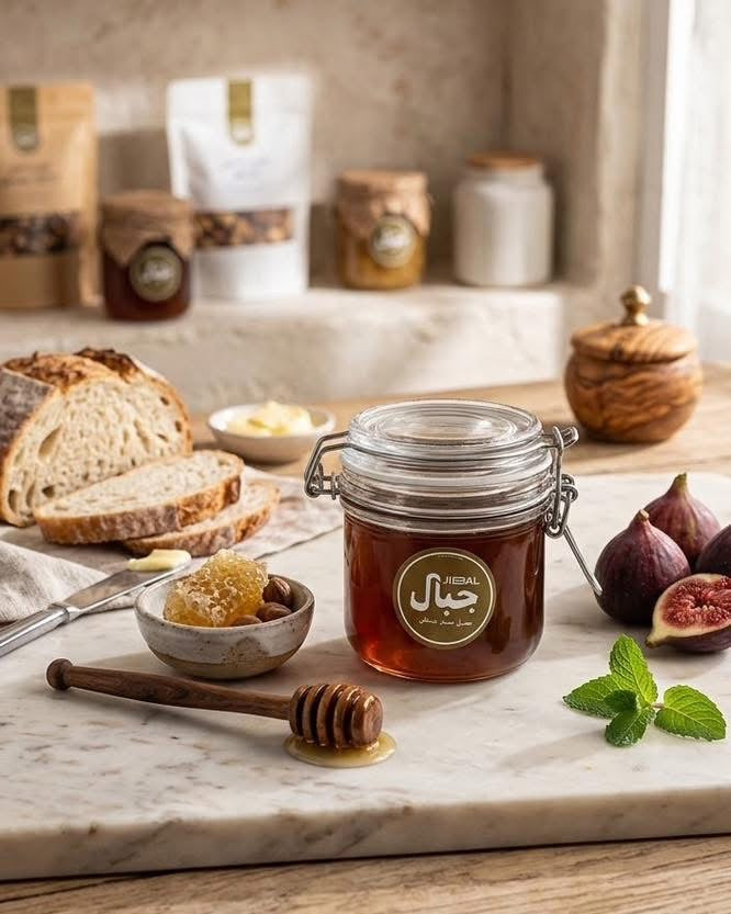 برطمان عسل سدر من جِبال على طاولة رخامية مع خبز وتين وقطعة شمع عسل