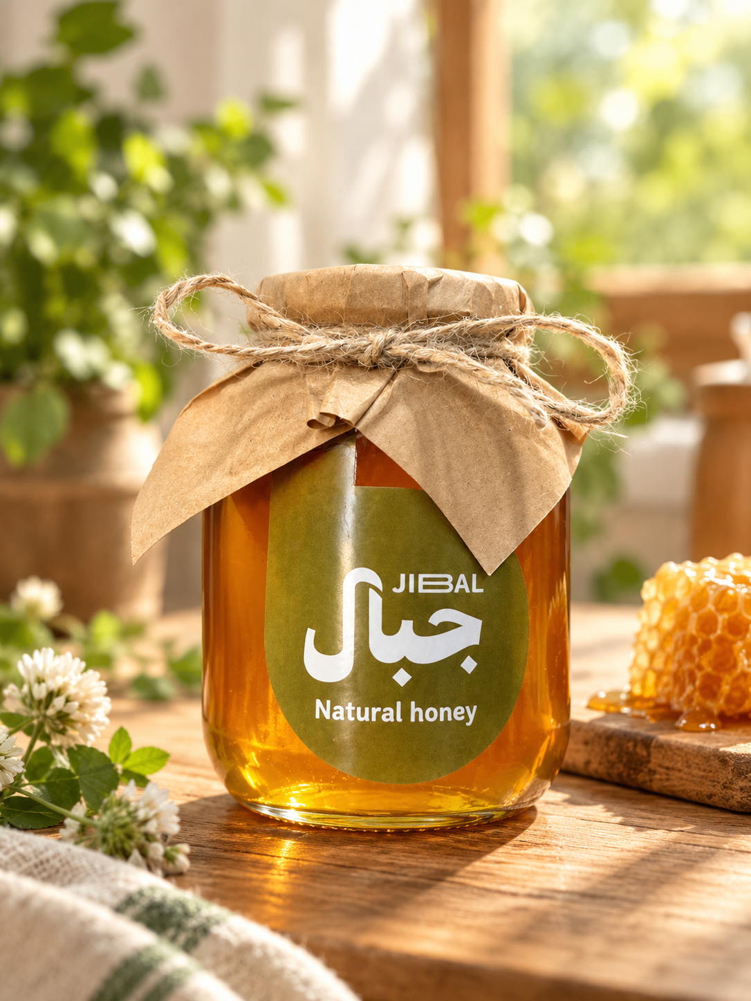 برطمان عسل زهور البرسيم من جِبال بغطاء ورقي مربوط بخيط، على طاولة خشبية بجوار قطعة شمع عسل وزهور برسيم بيضاء