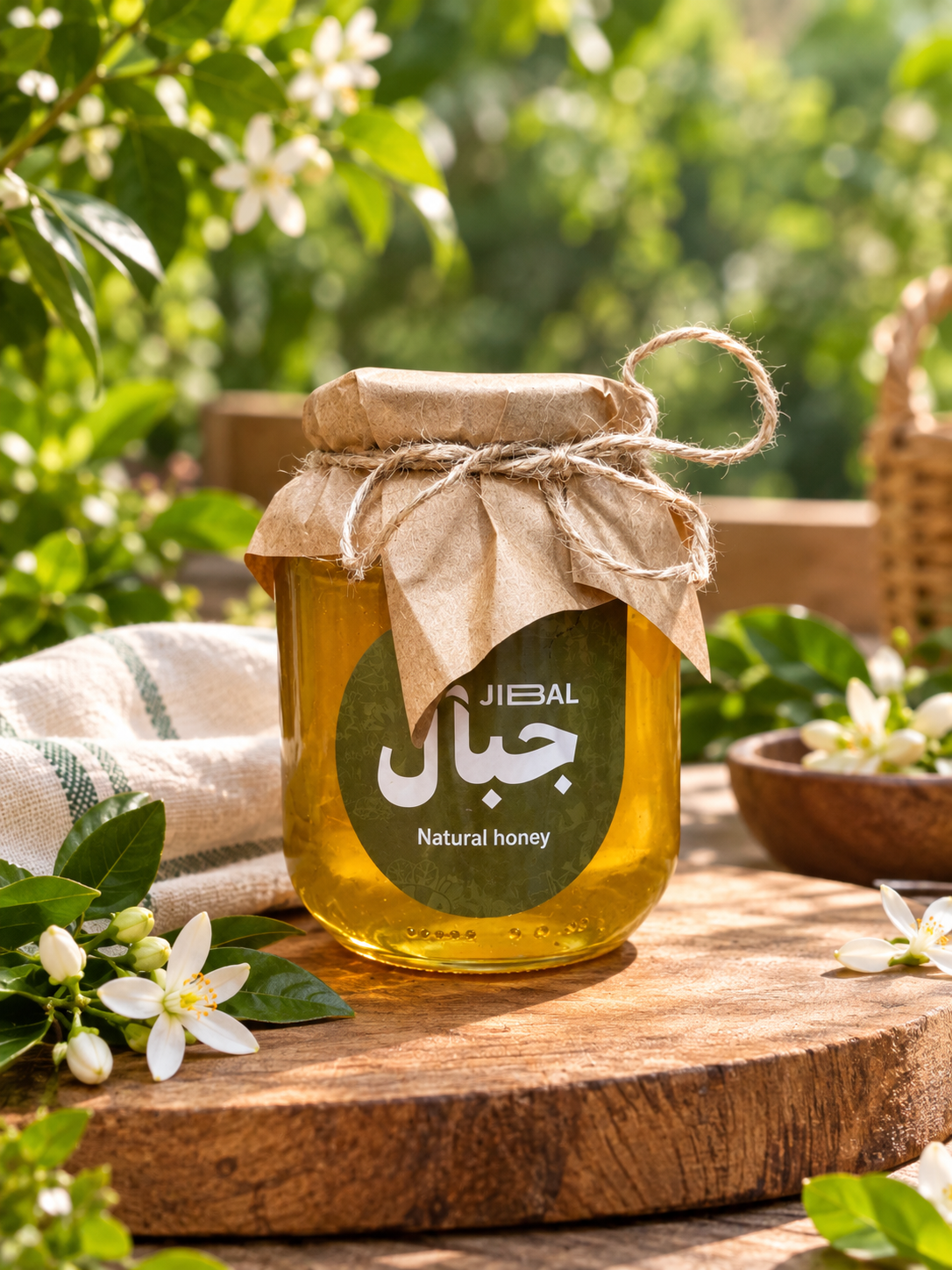 برطمان عسل جِبال بغطاء ورقي على لوح خشبي في حديقة بين زهور بيضاء
